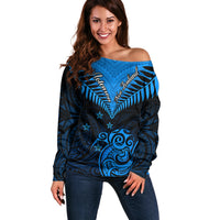 Personalised New Zealand Off Shoulder Sweater Aotearoa Blue Maori Kiwi Blue Fern - Wonder Print Shop