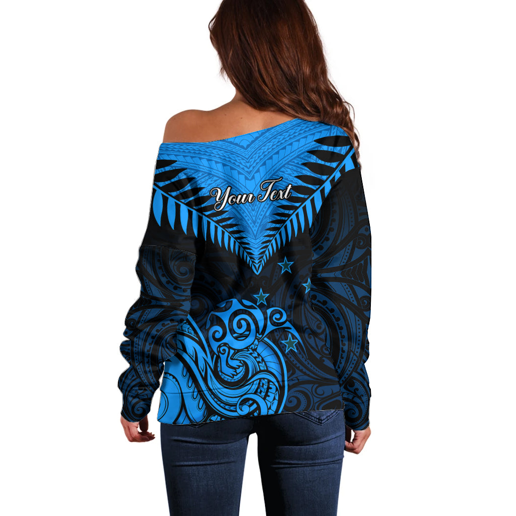 Personalised New Zealand Off Shoulder Sweater Aotearoa Blue Maori Kiwi Blue Fern - Wonder Print Shop