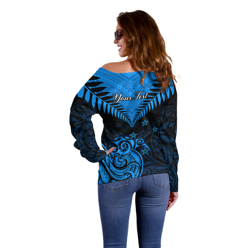 Personalised New Zealand Off Shoulder Sweater Aotearoa Blue Maori Kiwi Blue Fern - Wonder Print Shop
