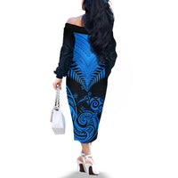 Personalised New Zealand Off The Shoulder Long Sleeve Dress Aotearoa Blue Maori Kiwi Blue Fern - Wonder Print Shop