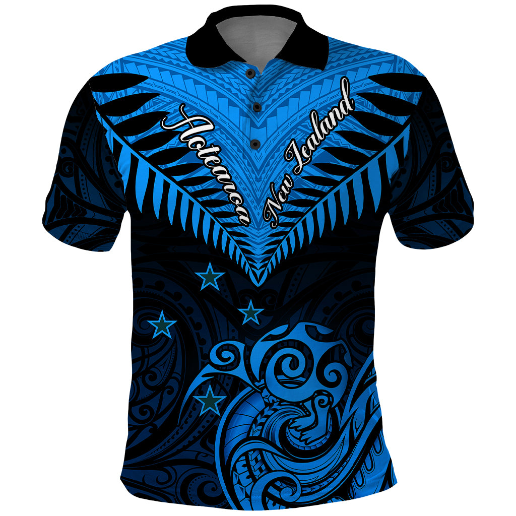 Personalised New Zealand Polo Shirt Aotearoa Blue Maori Kiwi Blue Fern - Wonder Print Shop