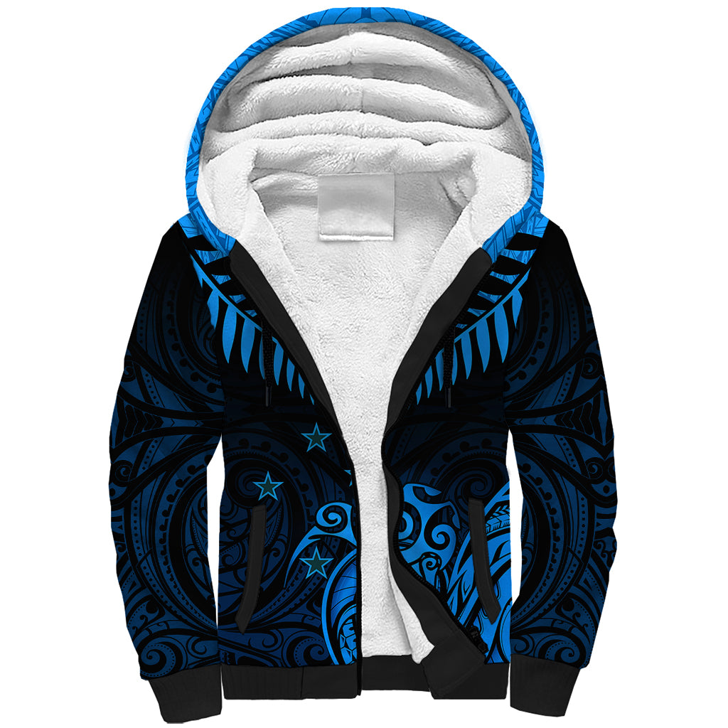 Personalised New Zealand Sherpa Hoodie Aotearoa Blue Maori Kiwi Blue Fern - Wonder Print Shop