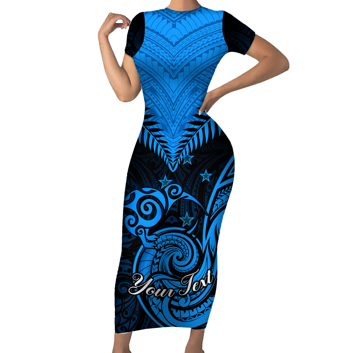 Personalised New Zealand Short Sleeve Bodycon Dress Aotearoa Blue Maori Kiwi Blue Fern - Wonder Print Shop