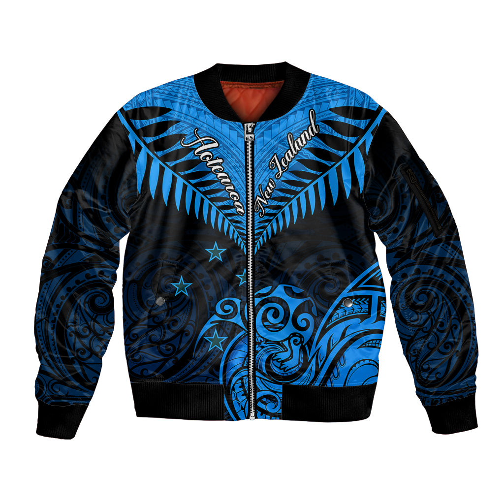 Personalised New Zealand Sleeve Zip Bomber Jacket Aotearoa Blue Maori Kiwi Blue Fern - Wonder Print Shop