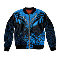 Personalised New Zealand Sleeve Zip Bomber Jacket Aotearoa Blue Maori Kiwi Blue Fern - Wonder Print Shop