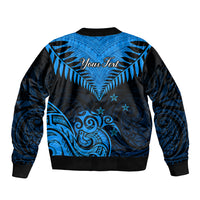 Personalised New Zealand Sleeve Zip Bomber Jacket Aotearoa Blue Maori Kiwi Blue Fern - Wonder Print Shop