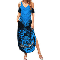 Personalised New Zealand Summer Maxi Dress Aotearoa Blue Maori Kiwi Blue Fern - Wonder Print Shop
