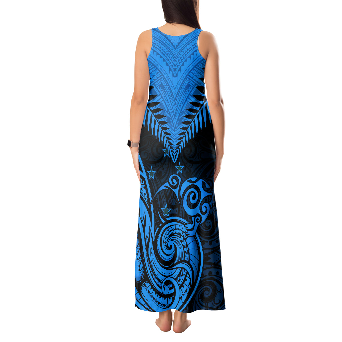 Personalised New Zealand Tank Maxi Dress Aotearoa Blue Maori Kiwi Blue Fern - Wonder Print Shop