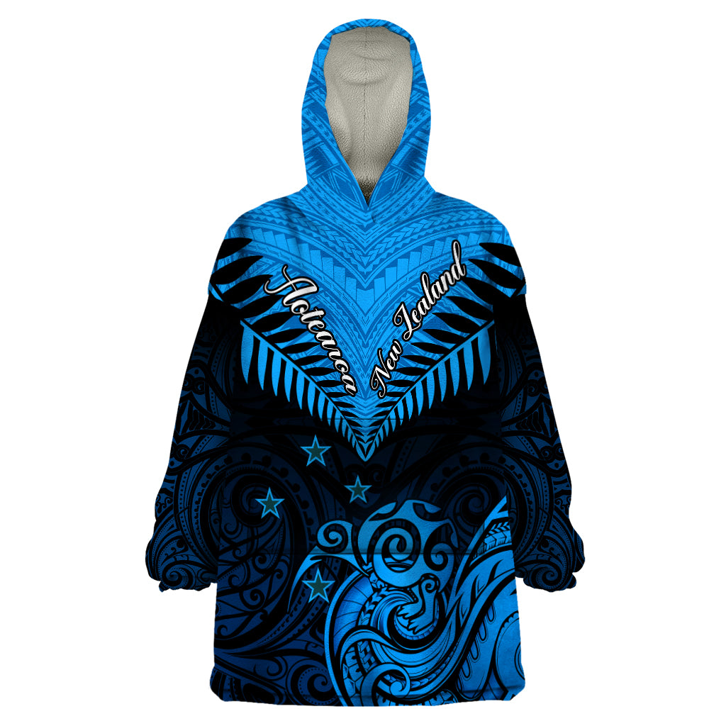 Personalised New Zealand Wearable Blanket Hoodie Aotearoa Blue Maori Kiwi Blue Fern - Wonder Print Shop