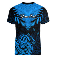 Personalised New Zealand Women V Neck T Shirt Aotearoa Blue Maori Kiwi Blue Fern - Wonder Print Shop