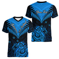 Personalised New Zealand Women V Neck T Shirt Aotearoa Blue Maori Kiwi Blue Fern - Wonder Print Shop