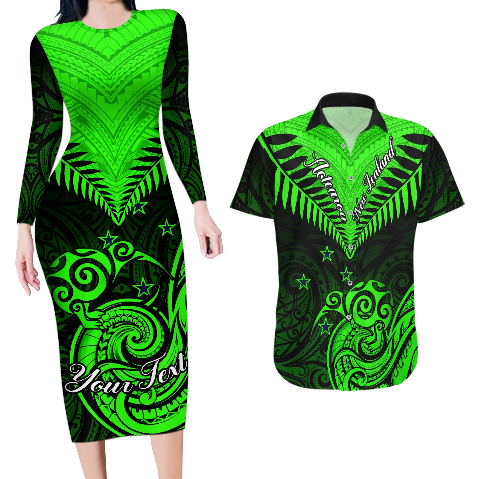 Personalised New Zealand Couples Matching Long Sleeve Bodycon Dress and Hawaiian Shirt Aotearoa Maori Kiwi Green Fern - Wonder Print Shop