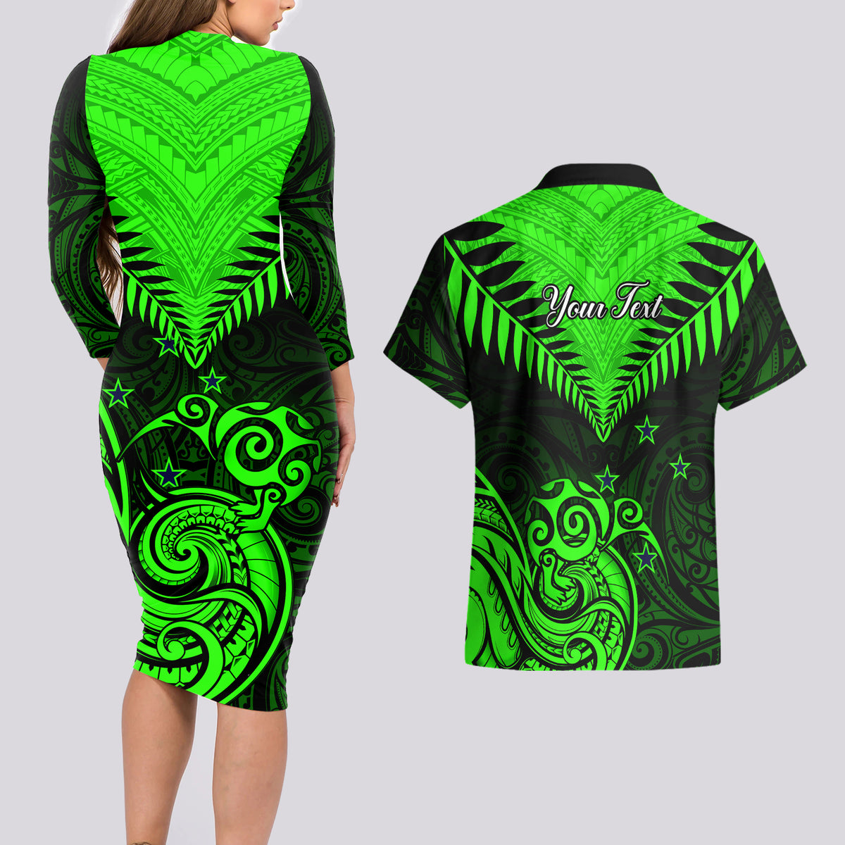 Personalised New Zealand Couples Matching Long Sleeve Bodycon Dress and Hawaiian Shirt Aotearoa Maori Kiwi Green Fern - Wonder Print Shop