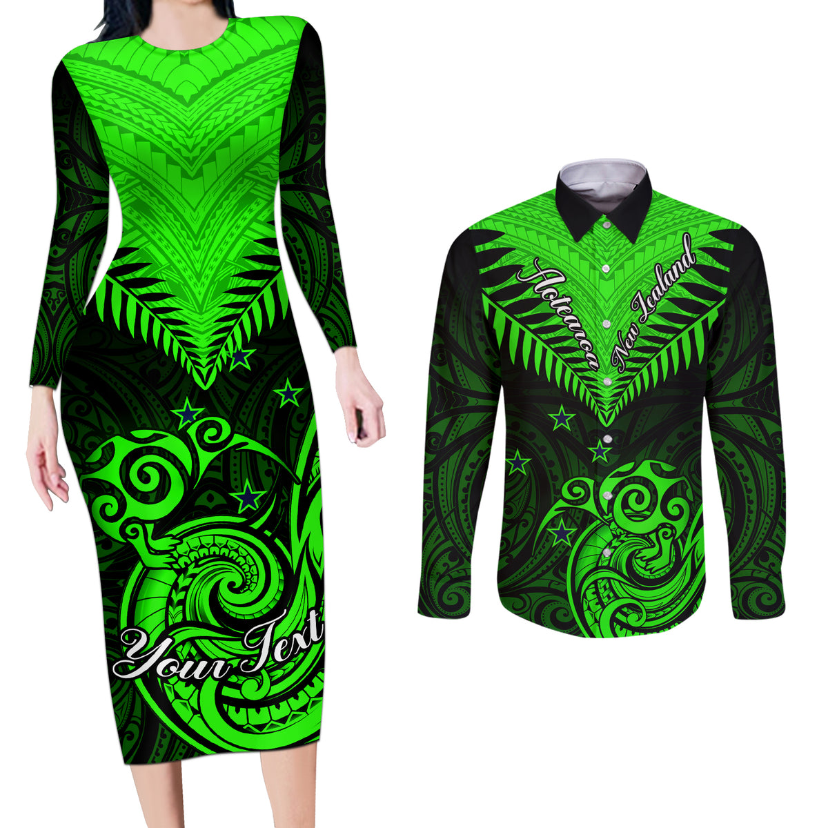 Personalised New Zealand Couples Matching Long Sleeve Bodycon Dress and Long Sleeve Button Shirts Aotearoa Maori Kiwi Green Fern - Wonder Print Shop