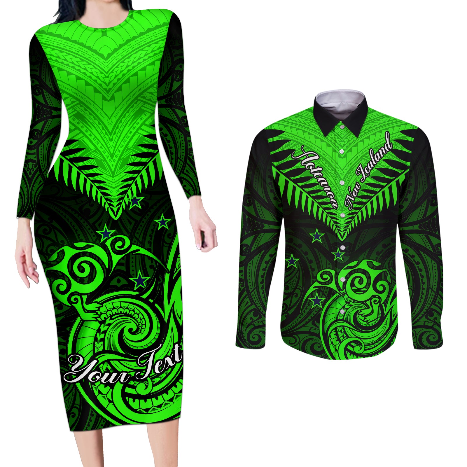 Personalised New Zealand Couples Matching Long Sleeve Bodycon Dress and Long Sleeve Button Shirts Aotearoa Maori Kiwi Green Fern - Wonder Print Shop