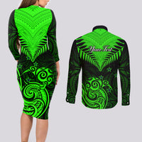 Personalised New Zealand Couples Matching Long Sleeve Bodycon Dress and Long Sleeve Button Shirts Aotearoa Maori Kiwi Green Fern - Wonder Print Shop