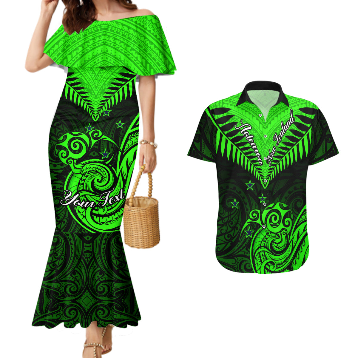 Personalised New Zealand Couples Matching Mermaid Dress And Hawaiian Shirt Aotearoa Maori Kiwi Green Fern - Wonder Print Shop