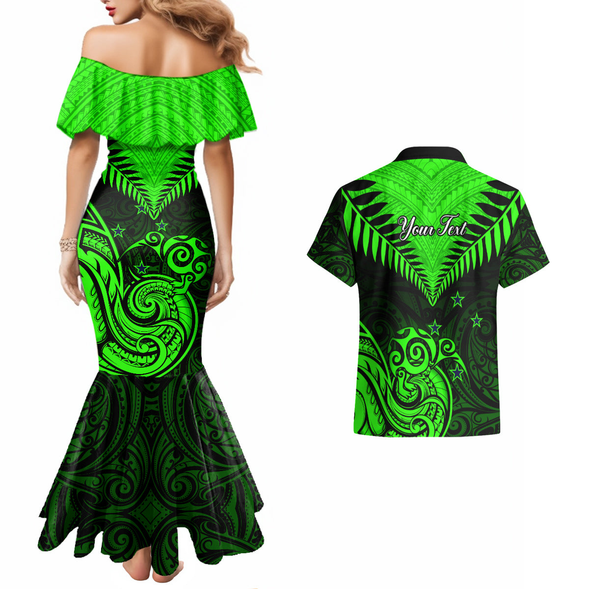 Personalised New Zealand Couples Matching Mermaid Dress And Hawaiian Shirt Aotearoa Maori Kiwi Green Fern - Wonder Print Shop