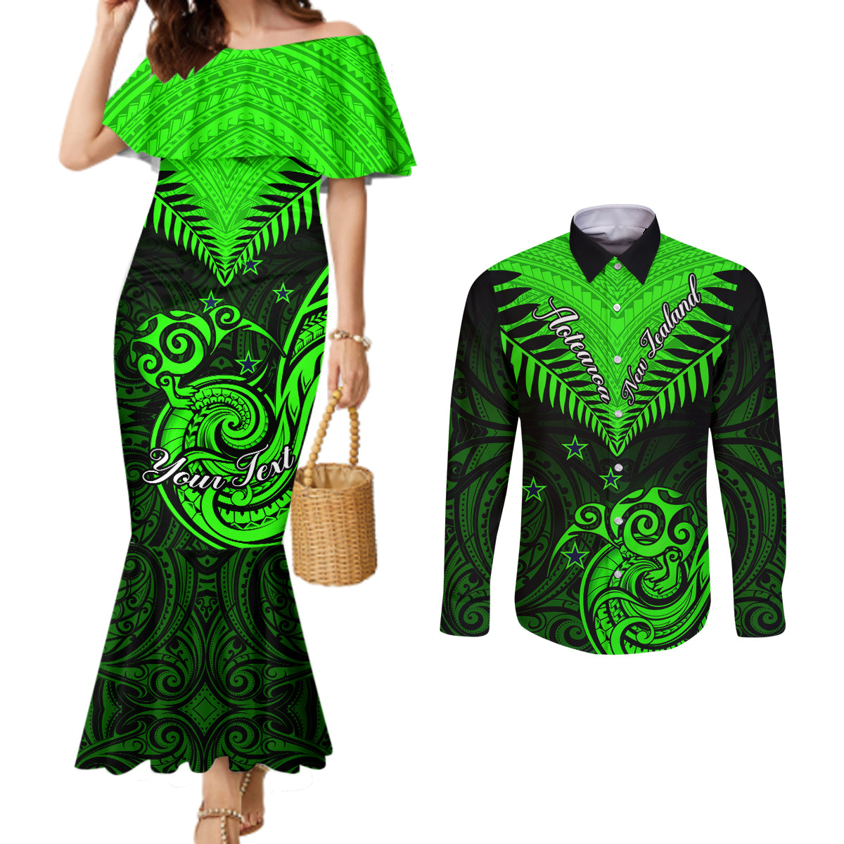 personalised-new-zealand-couples-matching-mermaid-dress-and-long-sleeve-button-shirts-aotearoa-maori-kiwi-green-fern
