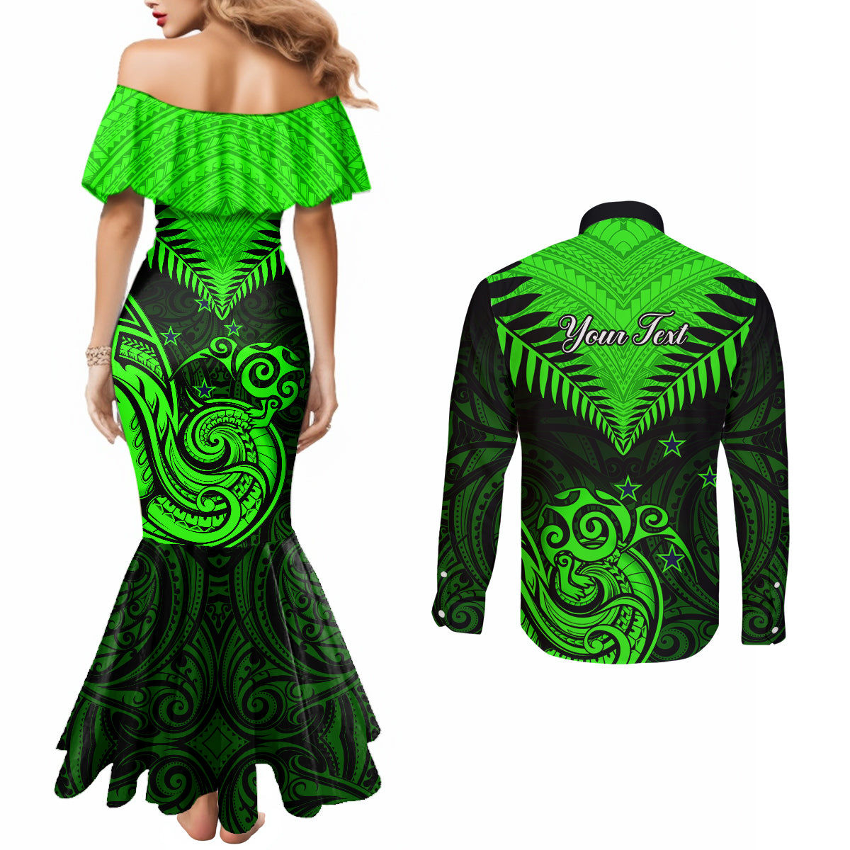 personalised-new-zealand-couples-matching-mermaid-dress-and-long-sleeve-button-shirts-aotearoa-maori-kiwi-green-fern