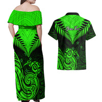 Personalised New Zealand Couples Matching Off Shoulder Maxi Dress and Hawaiian Shirt Aotearoa Maori Kiwi Green Fern - Wonder Print Shop