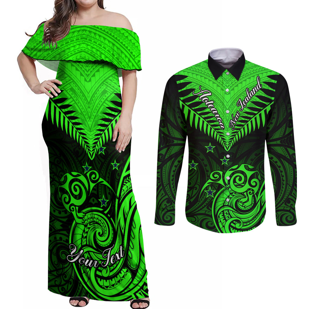 Personalised New Zealand Couples Matching Off Shoulder Maxi Dress and Long Sleeve Button Shirts Aotearoa Maori Kiwi Green Fern - Wonder Print Shop