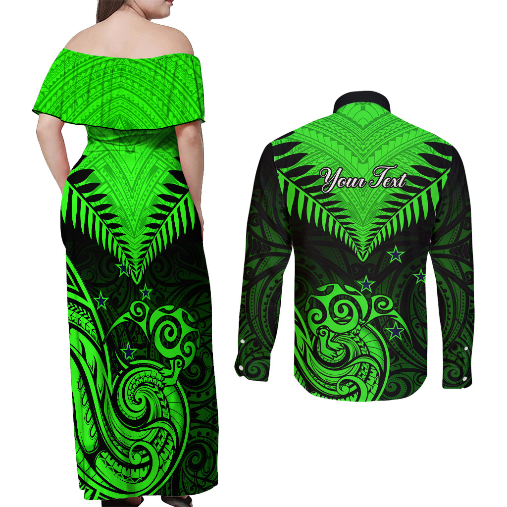 Personalised New Zealand Couples Matching Off Shoulder Maxi Dress and Long Sleeve Button Shirts Aotearoa Maori Kiwi Green Fern - Wonder Print Shop