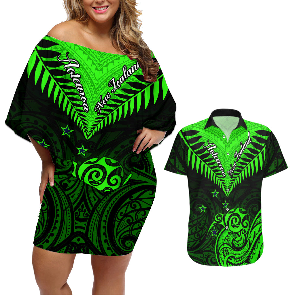 Personalised New Zealand Couples Matching Off Shoulder Short Dress and Hawaiian Shirt Aotearoa Maori Kiwi Green Fern - Wonder Print Shop