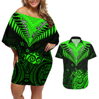 Personalised New Zealand Couples Matching Off Shoulder Short Dress and Hawaiian Shirt Aotearoa Maori Kiwi Green Fern - Wonder Print Shop