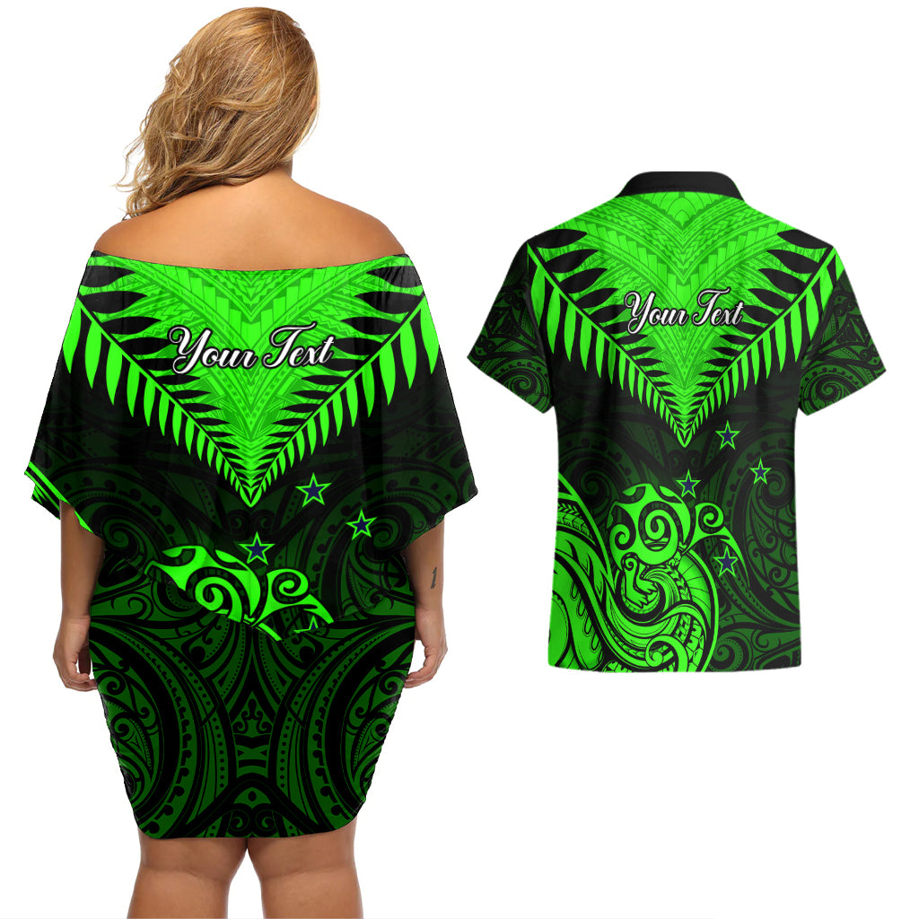 Personalised New Zealand Couples Matching Off Shoulder Short Dress and Hawaiian Shirt Aotearoa Maori Kiwi Green Fern - Wonder Print Shop