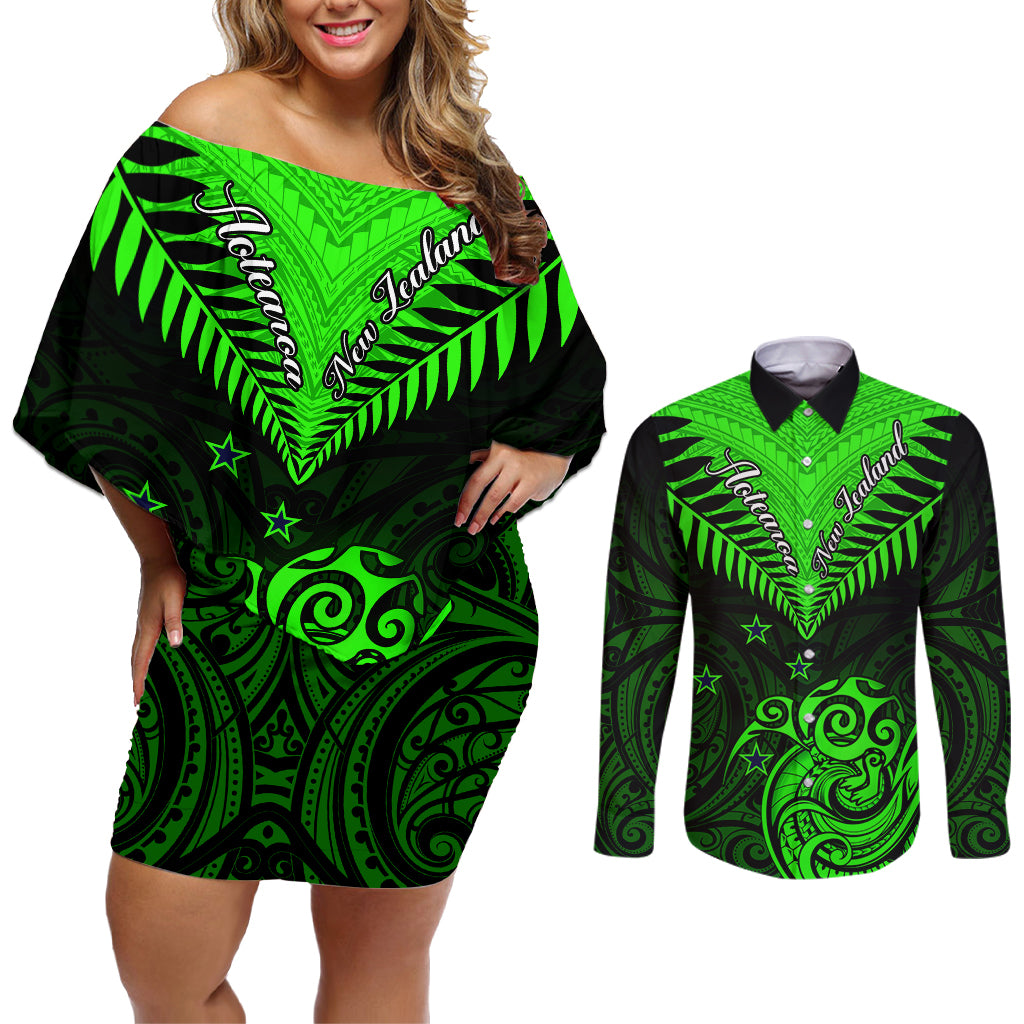 Personalised New Zealand Couples Matching Off Shoulder Short Dress and Long Sleeve Button Shirts Aotearoa Maori Kiwi Green Fern - Wonder Print Shop