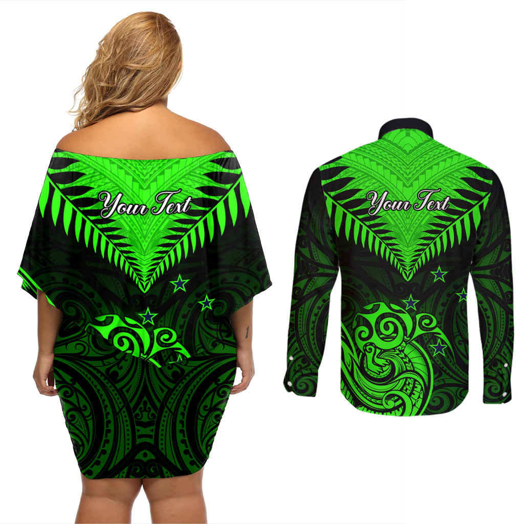 Personalised New Zealand Couples Matching Off Shoulder Short Dress and Long Sleeve Button Shirts Aotearoa Maori Kiwi Green Fern - Wonder Print Shop