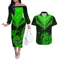 Personalised New Zealand Couples Matching Off The Shoulder Long Sleeve Dress and Hawaiian Shirt Aotearoa Maori Kiwi Green Fern - Wonder Print Shop