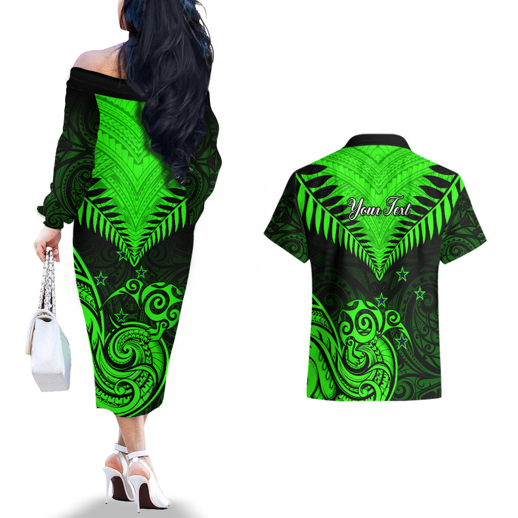 Personalised New Zealand Couples Matching Off The Shoulder Long Sleeve Dress and Hawaiian Shirt Aotearoa Maori Kiwi Green Fern - Wonder Print Shop