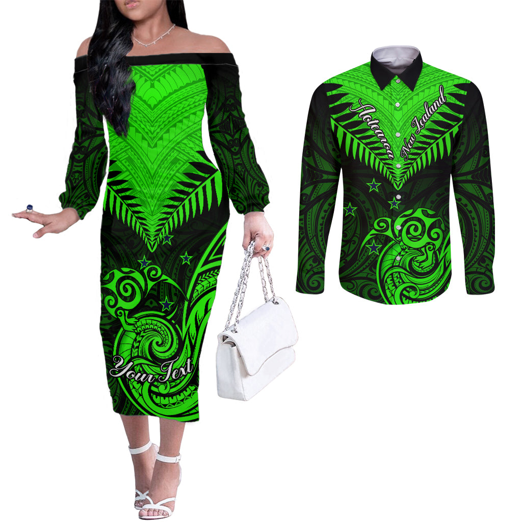 personalised-new-zealand-couples-matching-off-the-shoulder-long-sleeve-dress-and-long-sleeve-button-shirts-aotearoa-maori-kiwi-green-fern