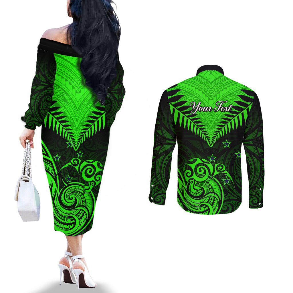 personalised-new-zealand-couples-matching-off-the-shoulder-long-sleeve-dress-and-long-sleeve-button-shirts-aotearoa-maori-kiwi-green-fern