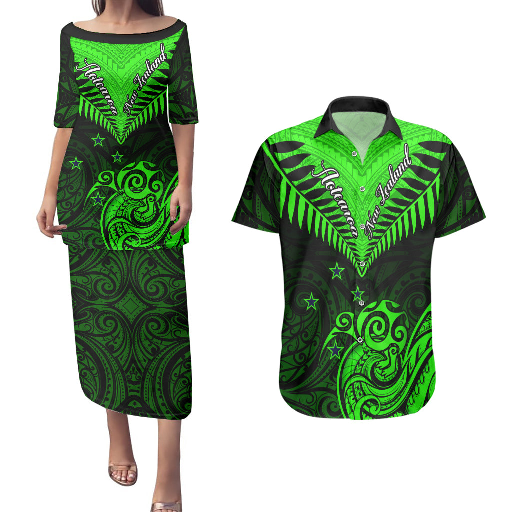 Personalised New Zealand Couples Matching Puletasi Dress and Hawaiian Shirt Aotearoa Maori Kiwi Green Fern - Wonder Print Shop