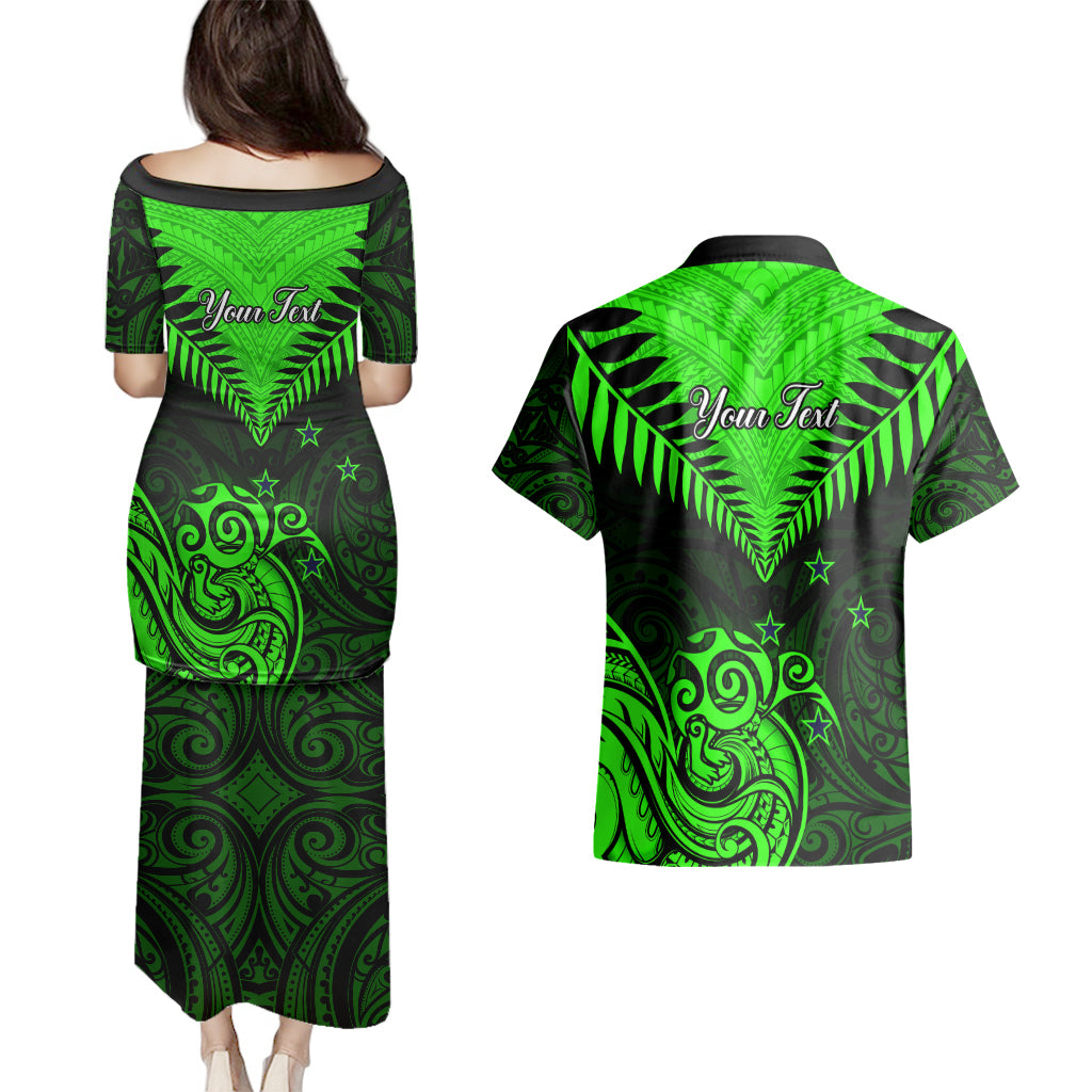 Personalised New Zealand Couples Matching Puletasi Dress and Hawaiian Shirt Aotearoa Maori Kiwi Green Fern - Wonder Print Shop