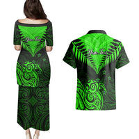 Personalised New Zealand Couples Matching Puletasi Dress and Hawaiian Shirt Aotearoa Maori Kiwi Green Fern - Wonder Print Shop