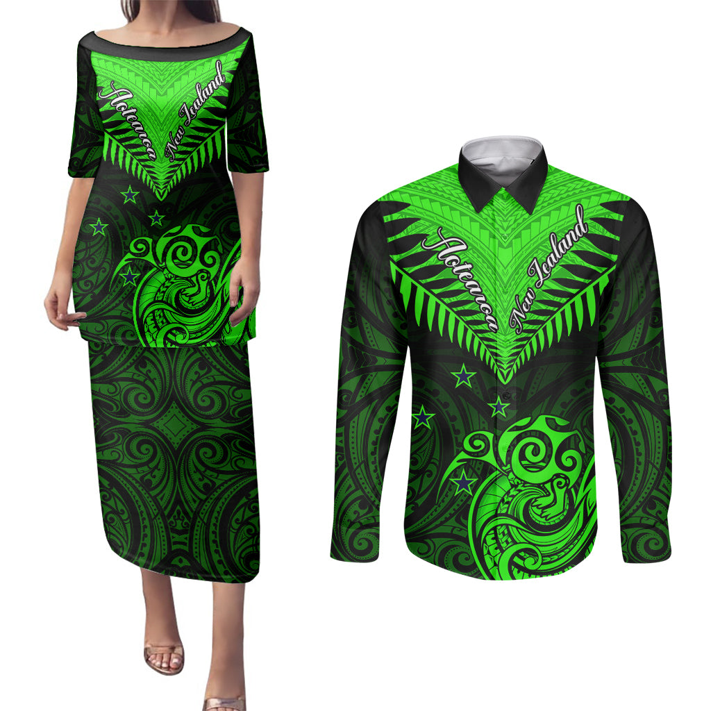 Personalised New Zealand Couples Matching Puletasi Dress and Long Sleeve Button Shirts Aotearoa Maori Kiwi Green Fern - Wonder Print Shop
