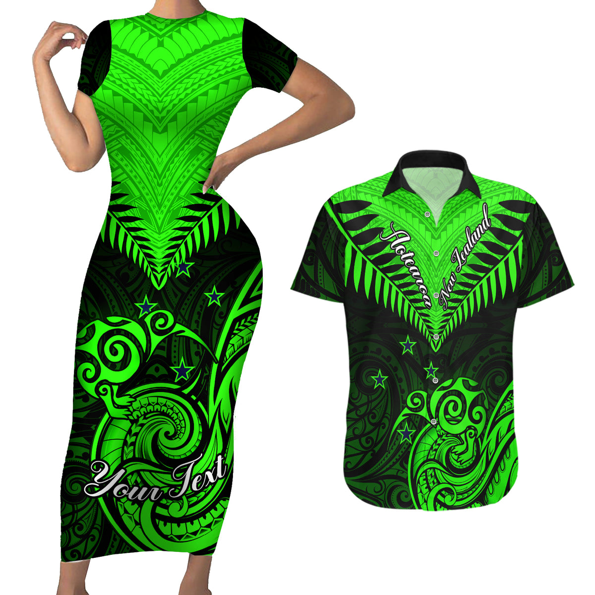 Personalised New Zealand Couples Matching Short Sleeve Bodycon Dress and Hawaiian Shirt Aotearoa Maori Kiwi Green Fern - Wonder Print Shop