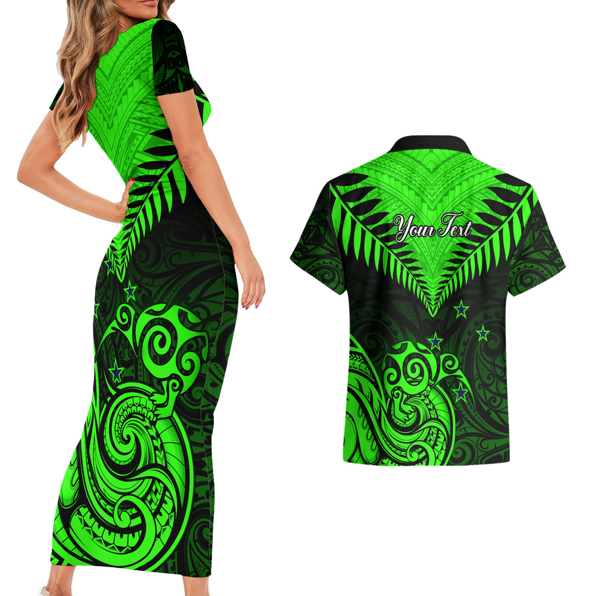 Personalised New Zealand Couples Matching Short Sleeve Bodycon Dress and Hawaiian Shirt Aotearoa Maori Kiwi Green Fern - Wonder Print Shop