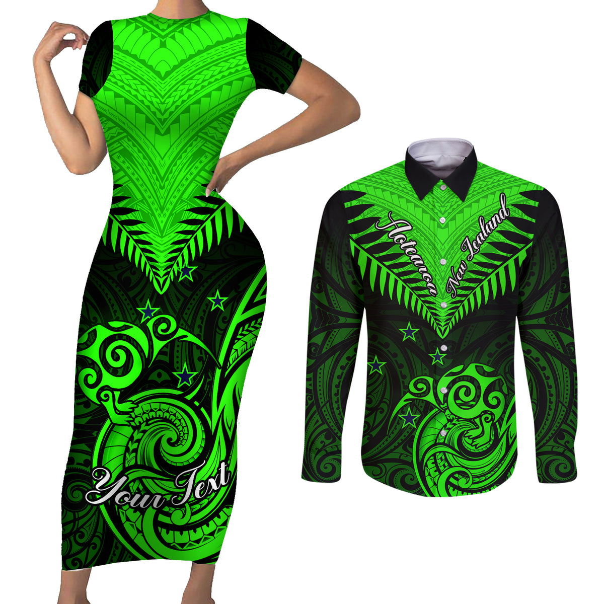 Personalised New Zealand Couples Matching Short Sleeve Bodycon Dress and Long Sleeve Button Shirts Aotearoa Maori Kiwi Green Fern - Wonder Print Shop