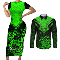 Personalised New Zealand Couples Matching Short Sleeve Bodycon Dress and Long Sleeve Button Shirts Aotearoa Maori Kiwi Green Fern - Wonder Print Shop
