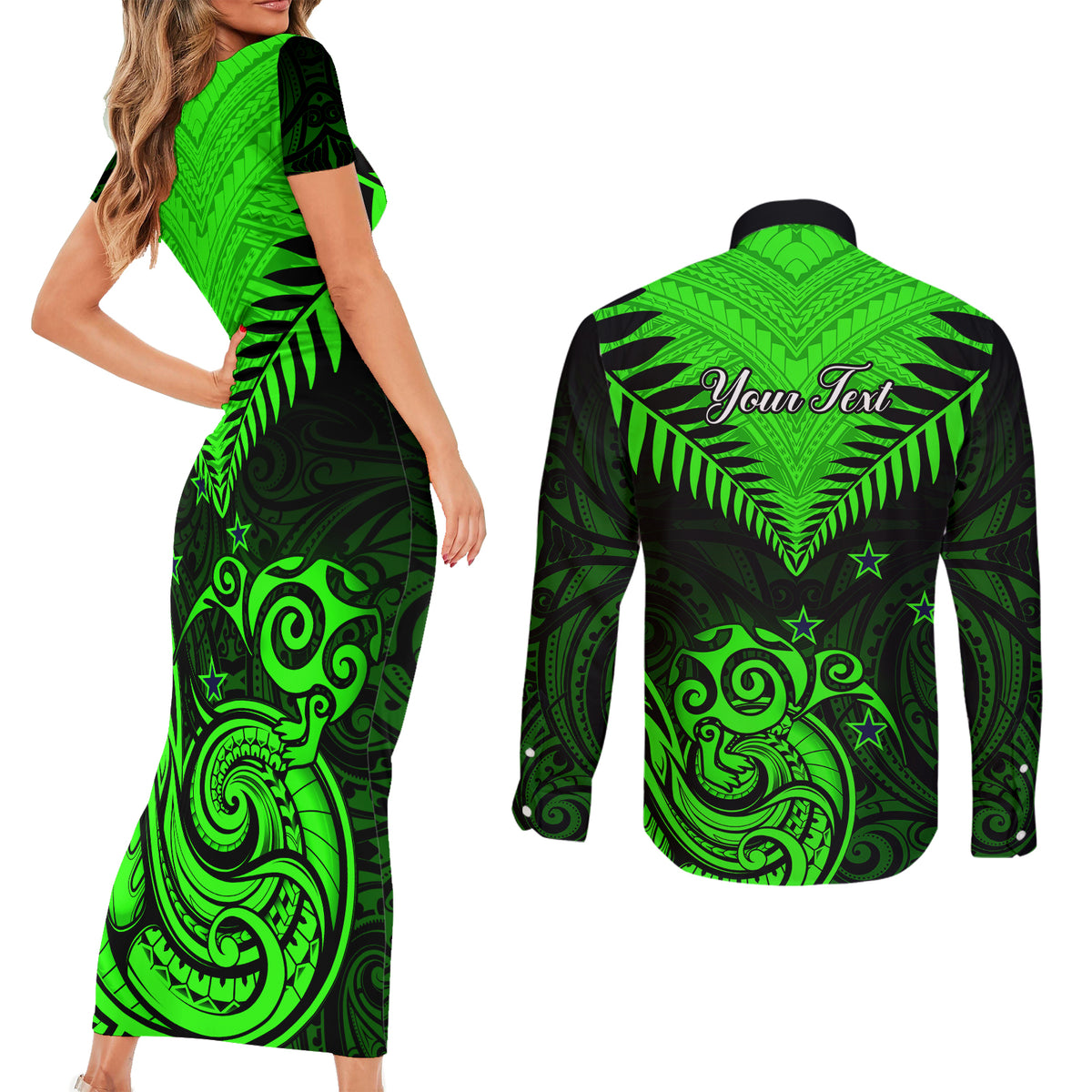 Personalised New Zealand Couples Matching Short Sleeve Bodycon Dress and Long Sleeve Button Shirts Aotearoa Maori Kiwi Green Fern - Wonder Print Shop