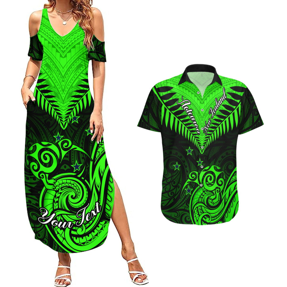 Personalised New Zealand Couples Matching Summer Maxi Dress and Hawaiian Shirt Aotearoa Maori Kiwi Green Fern - Wonder Print Shop