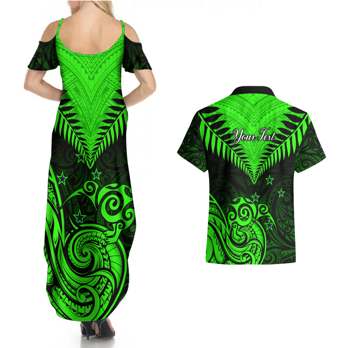 Personalised New Zealand Couples Matching Summer Maxi Dress and Hawaiian Shirt Aotearoa Maori Kiwi Green Fern - Wonder Print Shop