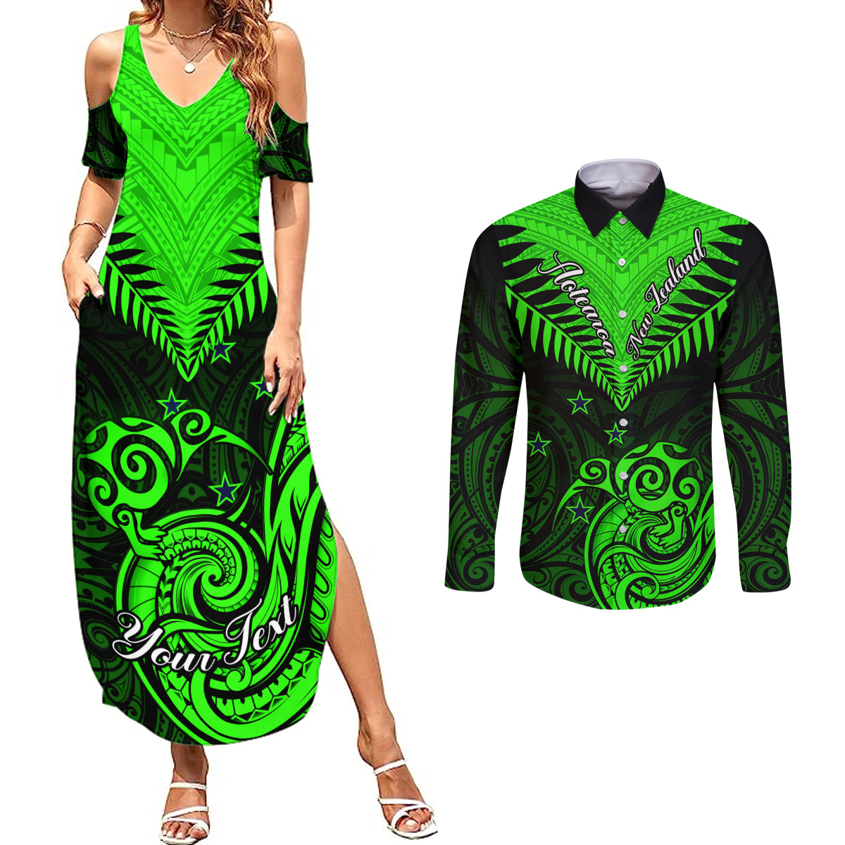 Personalised New Zealand Couples Matching Summer Maxi Dress and Long Sleeve Button Shirts Aotearoa Maori Kiwi Green Fern - Wonder Print Shop