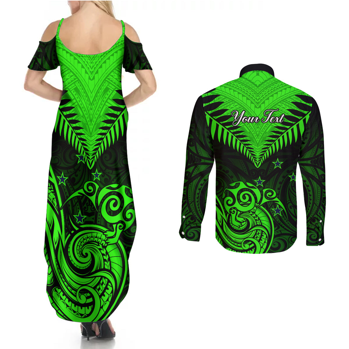 Personalised New Zealand Couples Matching Summer Maxi Dress and Long Sleeve Button Shirts Aotearoa Maori Kiwi Green Fern - Wonder Print Shop