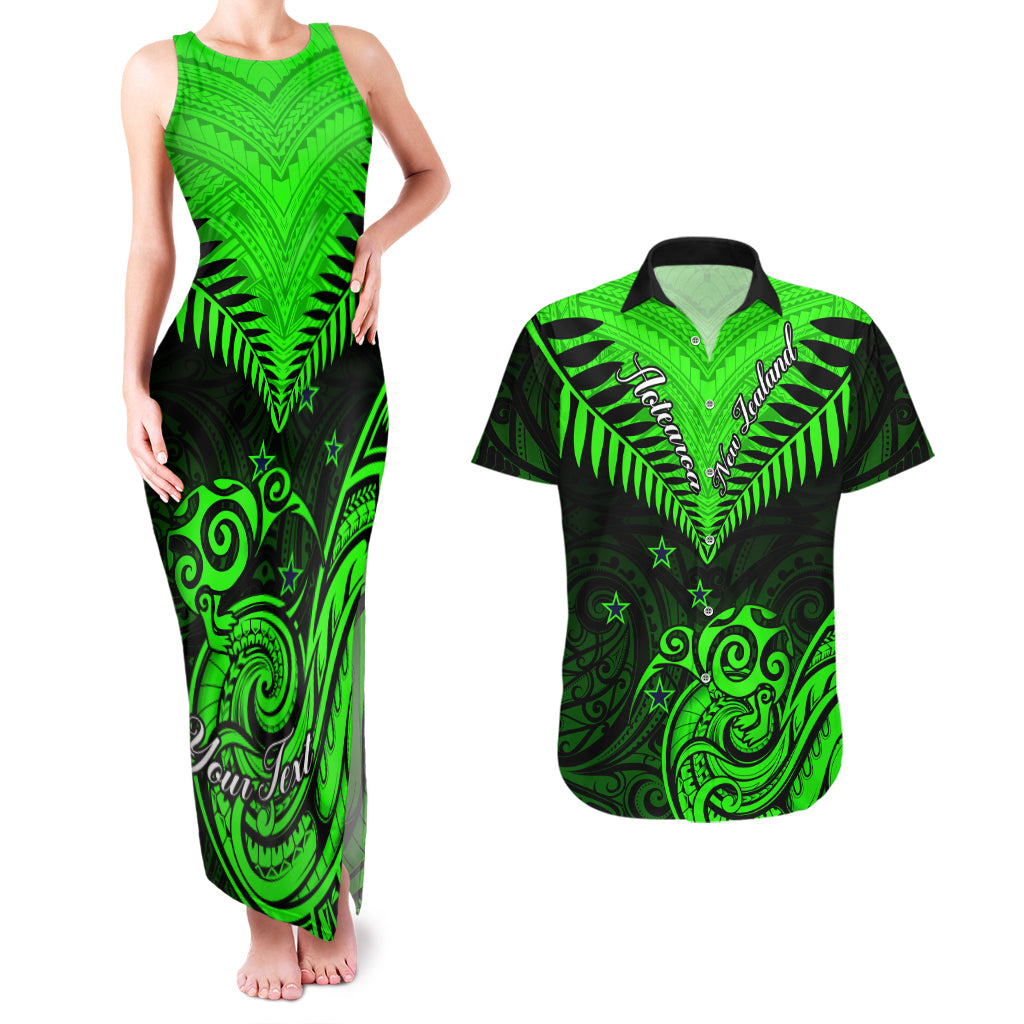 Personalised New Zealand Couples Matching Tank Maxi Dress And Hawaiian Shirt Aotearoa Maori Kiwi Green Fern - Wonder Print Shop